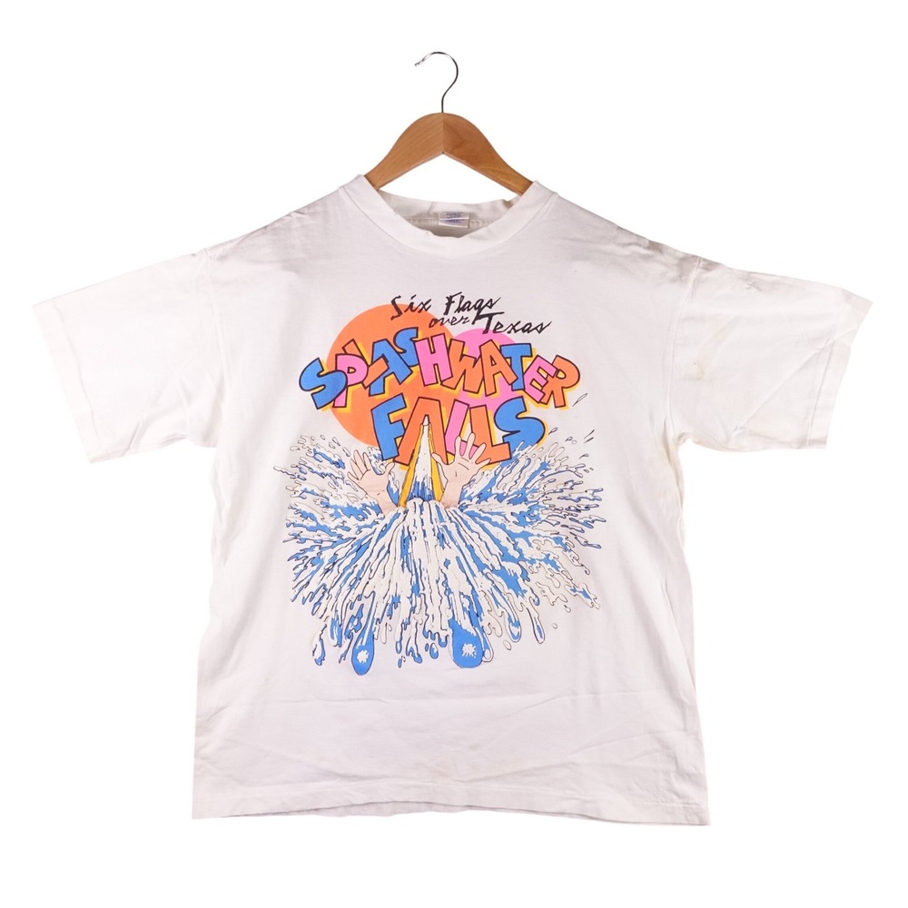 Vintage Six Flags Over Texas Splashwater Falls T-Shirt White Large 90s Souvenir